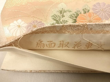 平和屋着物◎六通柄袋帯 唐織 扇面取花車文 金糸 正絹 逸品 AABF4716yx