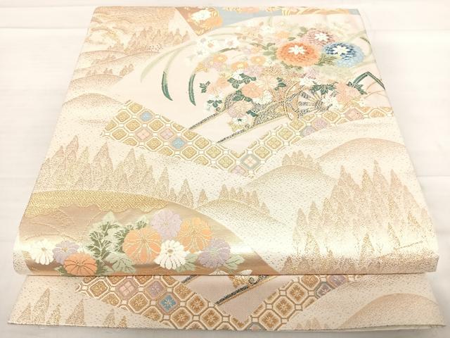 平和屋着物◎六通柄袋帯 唐織 扇面取花車文 金糸 正絹 逸品 AABF4716yx