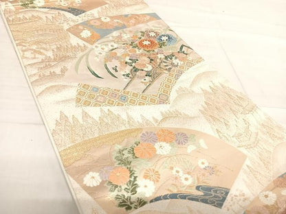 平和屋着物◎六通柄袋帯 唐織 扇面取花車文 金糸 正絹 逸品 AABF4716yx