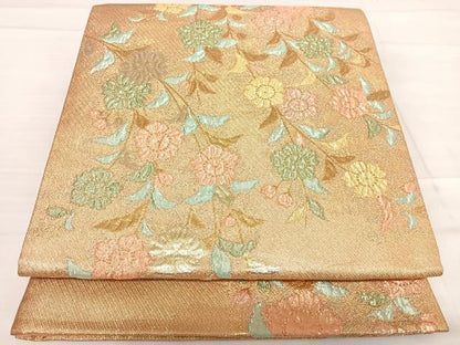 平和屋着物◎六通柄袋帯 草花文 金糸 正絹 逸品 AABF4717yx