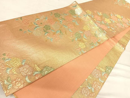 平和屋着物◎六通柄袋帯 草花文 金糸 正絹 逸品 AABF4717yx