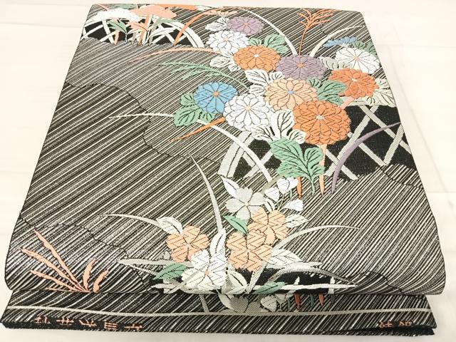 平和屋着物◎六通柄袋帯 唐織 綾錦 秋草道長文 黒地 銀糸 正絹 逸品 AABF4718yx