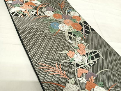 平和屋着物◎六通柄袋帯 唐織 綾錦 秋草道長文 黒地 銀糸 正絹 逸品 AABF4718yx