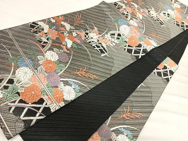 平和屋着物◎六通柄袋帯 唐織 綾錦 秋草道長文 黒地 銀糸 正絹 逸品 AABF4718yx