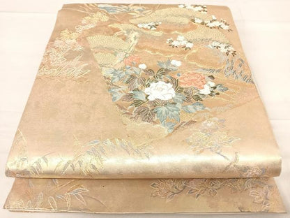平和屋着物◎六通柄袋帯　唐織　障壁色紙文　金糸　正絹　逸品　AABF4730yx