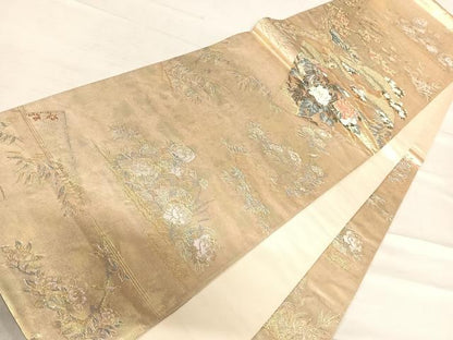平和屋着物◎六通柄袋帯　唐織　障壁色紙文　金糸　正絹　逸品　AABF4730yx