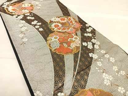 平和屋着物◎六通柄袋帯 唐織 花蝶文 金銀糸 正絹 逸品 AABF4737yx