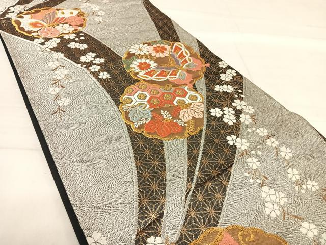 平和屋着物◎六通柄袋帯 唐織 花蝶文 金銀糸 正絹 逸品 AABF4737yx