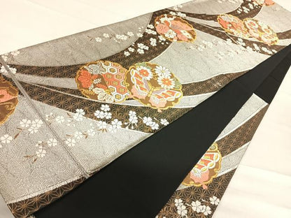 平和屋着物◎六通柄袋帯 唐織 花蝶文 金銀糸 正絹 逸品 AABF4737yx