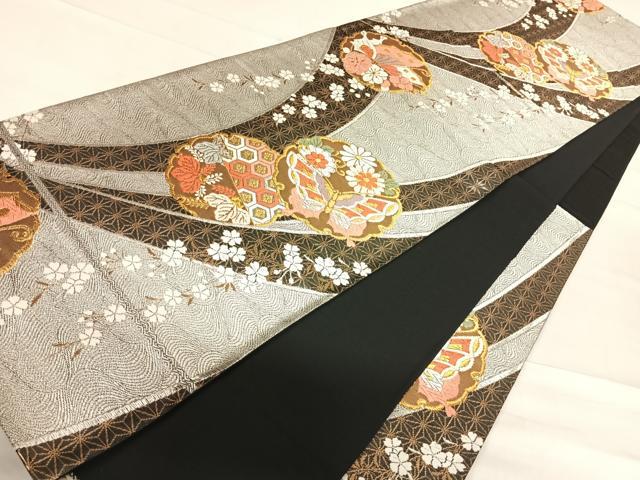 平和屋着物◎六通柄袋帯 唐織 花蝶文 金銀糸 正絹 逸品 AABF4737yx