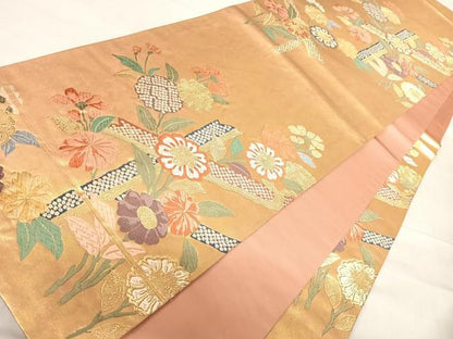平和屋着物◎六通柄袋帯　唐織　草花文　金糸　正絹　逸品　AABF4739yx