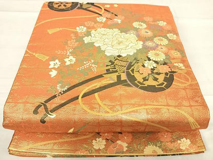 平和屋着物◎佐賀錦 六通柄袋帯 花車文 金糸 正絹 逸品 AABF4740yx