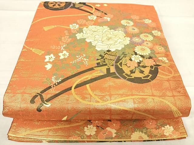 平和屋着物◎佐賀錦 六通柄袋帯 花車文 金糸 正絹 逸品 AABF4740yx