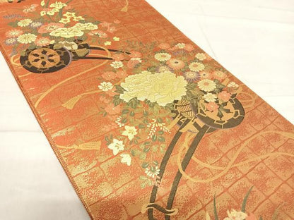 平和屋着物◎佐賀錦 六通柄袋帯 花車文 金糸 正絹 逸品 AABF4740yx