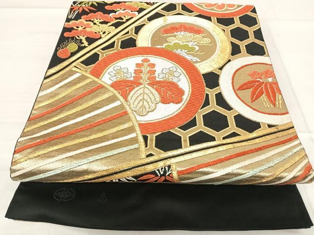 平和屋着物◎六通柄袋帯 唐織 高砂 舞花文 黒地 金銀糸 正絹 逸品 AABF4743yx