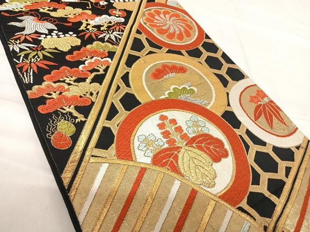 平和屋着物◎六通柄袋帯 唐織 高砂 舞花文 黒地 金銀糸 正絹 逸品 AABF4743yx