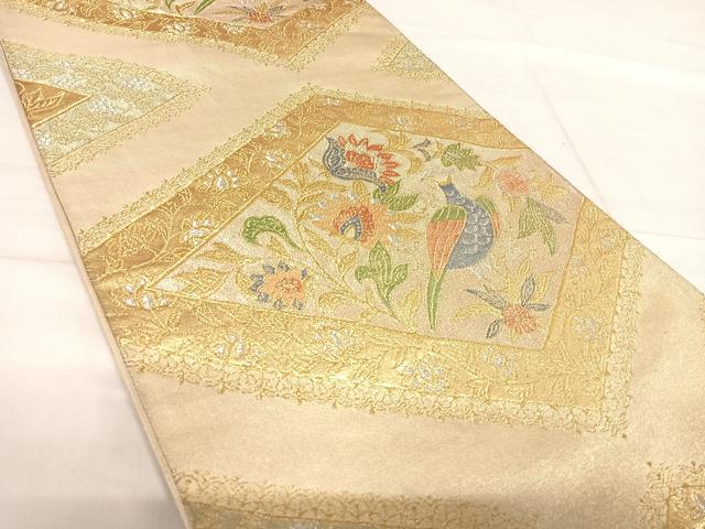 平和屋着物◎六通柄袋帯 孔雀更紗花文 金銀糸 正絹 逸品 AABF4744yx