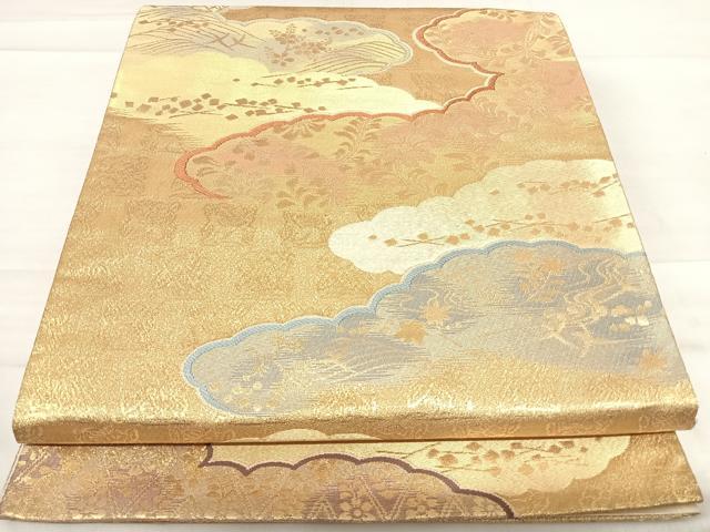 平和屋着物◎六通柄袋帯 雲取カスミ文 金糸 正絹 逸品 AABF4750yx