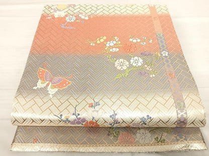平和屋着物◎六通柄袋帯 唐織 ボストン美術館 胡蝶梅花散文様 金銀糸 正絹 逸品 AABF4754yx