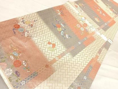平和屋着物◎六通柄袋帯 唐織 ボストン美術館 胡蝶梅花散文様 金銀糸 正絹 逸品 AABF4754yx