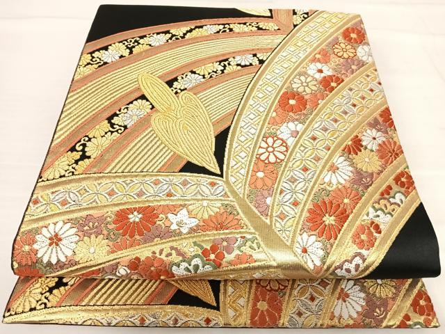 平和屋着物◎六通柄袋帯 唐織 花唐草松文 黒地 金銀糸 鈴乃屋扱い 正絹 逸品 AABF4770yx
