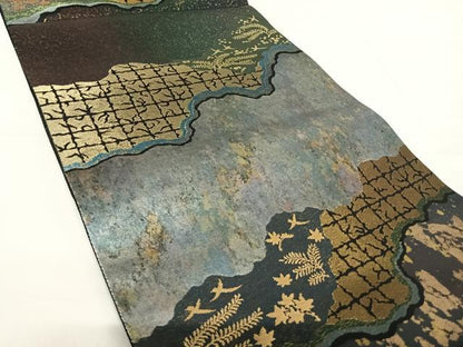 平和屋着物◎六通柄袋帯 道長花鳥文 賛美箔 黒地 正絹 逸品 AABF4776yx