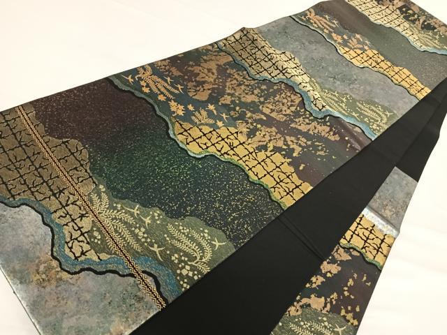 平和屋着物◎六通柄袋帯 道長花鳥文 賛美箔 黒地 正絹 逸品 AABF4776yx