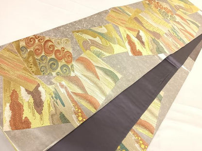 平和屋着物◎六通柄袋帯 流水色紙文 金糸 正絹 逸品 AABF4778yx