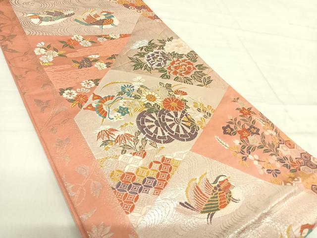 平和屋着物◎六通柄袋帯 唐織 舞蝶花鳥文 金銀糸 正絹 逸品 AABF4779yx
