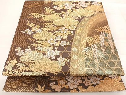 平和屋着物◎六通柄袋帯 唐織 籠目吉祥文 金糸 正絹 逸品 AABF4780yx
