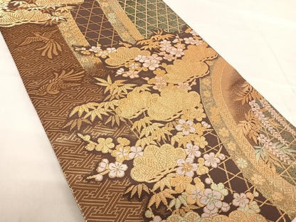 平和屋着物◎六通柄袋帯 唐織 籠目吉祥文 金糸 正絹 逸品 AABF4780yx