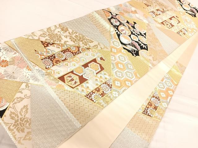 平和屋着物◎六通柄袋帯 唐織 切嵌吉祥文 金銀糸 正絹 逸品 AABF4782yx