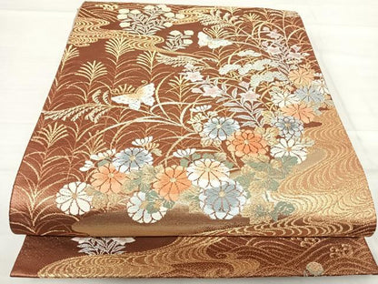 平和屋着物◎六通柄袋帯 唐織 花蝶文 金糸 正絹 逸品 AABF4789yx