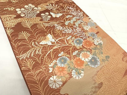 平和屋着物◎六通柄袋帯 唐織 花蝶文 金糸 正絹 逸品 AABF4789yx