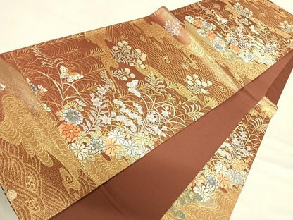 平和屋着物◎六通柄袋帯 唐織 花蝶文 金糸 正絹 逸品 AABF4789yx
