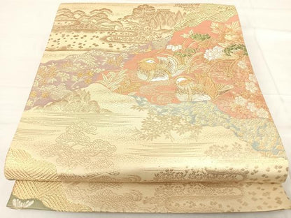 平和屋着物◎六通柄袋帯 鴛鴦花文 金銀糸 正絹 逸品 AABF4790yx