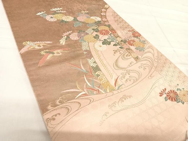 平和屋着物◎六通柄袋帯 唐織 飛鶴花文 金糸 引箔 正絹 逸品 AABF4791yx