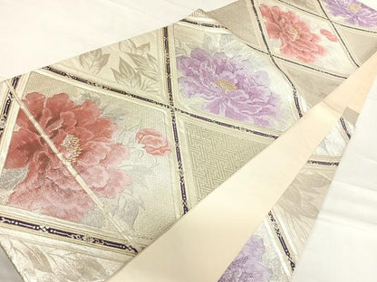 平和屋着物◎六通柄袋帯 唐織 牡丹文 金銀糸 正絹 逸品 AABF4792yx