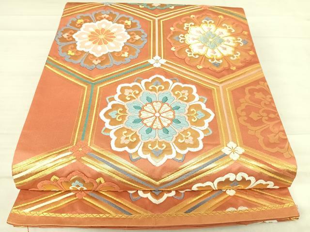 平和屋着物◎六通柄袋帯 唐織 亀甲花文 金糸 正絹 逸品 AABF4807yx