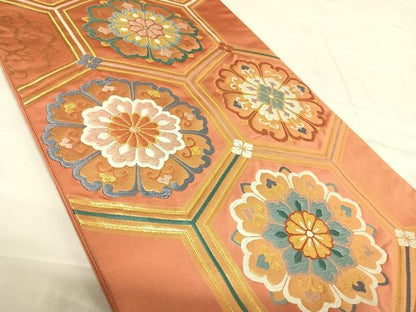 平和屋着物◎六通柄袋帯 唐織 亀甲花文 金糸 正絹 逸品 AABF4807yx