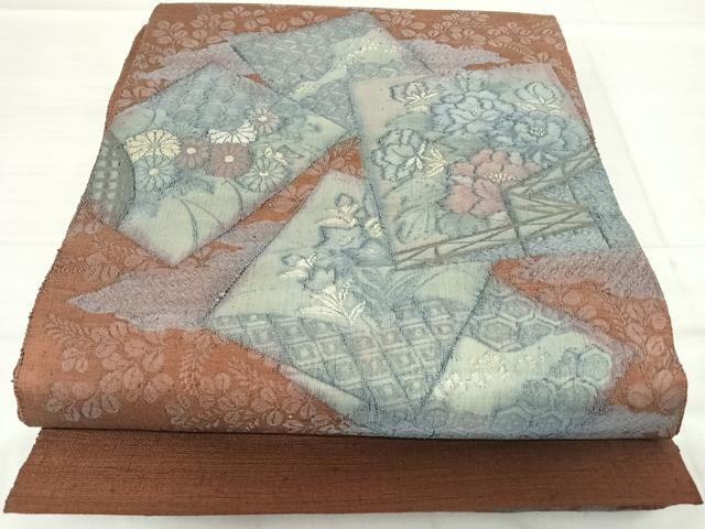 平和屋着物◎太鼓柄袋帯　紬地　すくい織　色紙花文　金銀糸　正絹　逸品　AABF4823yx