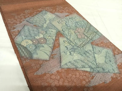 平和屋着物◎太鼓柄袋帯　紬地　すくい織　色紙花文　金銀糸　正絹　逸品　AABF4823yx
