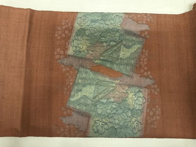 平和屋着物◎太鼓柄袋帯　紬地　すくい織　色紙花文　金銀糸　正絹　逸品　AABF4823yx