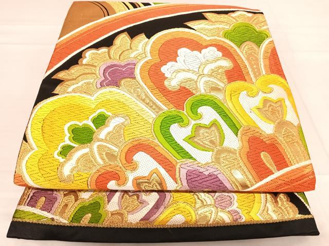 平和屋着物◎六通柄袋帯　唐織　正倉院花文　黒地　金糸　正絹　逸品　AABF4830yx