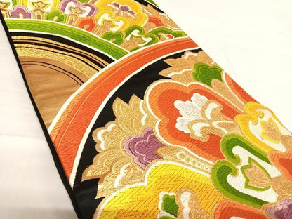 平和屋着物◎六通柄袋帯　唐織　正倉院花文　黒地　金糸　正絹　逸品　AABF4830yx