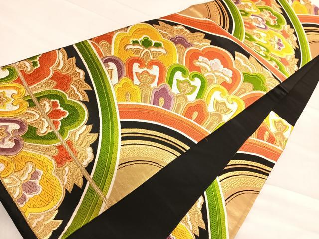 平和屋着物◎六通柄袋帯　唐織　正倉院花文　黒地　金糸　正絹　逸品　AABF4830yx