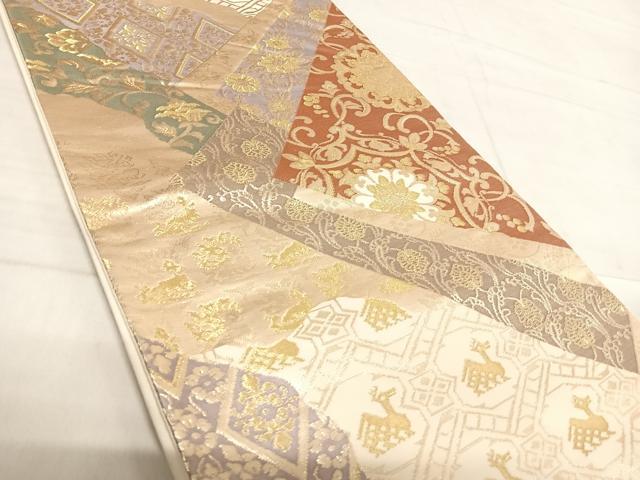 平和屋着物◎六通柄袋帯　切嵌花文　金糸　正絹　逸品　AABF4833yx