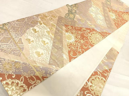 平和屋着物◎六通柄袋帯　切嵌花文　金糸　正絹　逸品　AABF4833yx