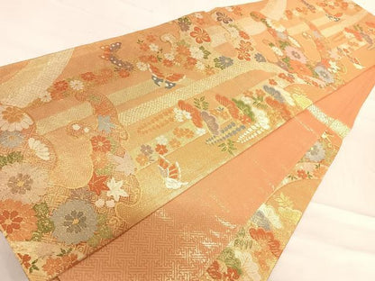 平和屋着物◎佐賀錦　六通柄袋帯　立波花文　金糸　正絹　逸品　AABF4840yx