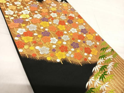 平和屋着物◎六通柄袋帯　唐織　笹梅文　黒地　金銀糸　正絹　逸品　AABF4842yx